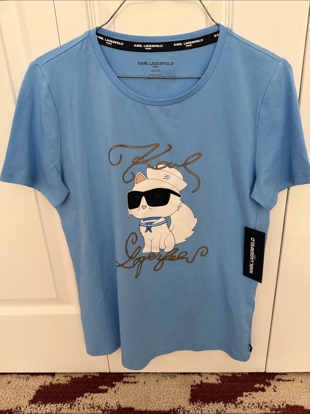 Karl Lagerfeld Blue Tee with White Sailor Cat & Gold Script..nwt .. authentic